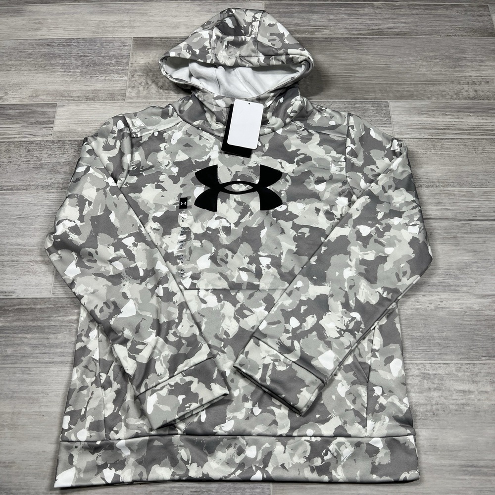 Under Armour Boys Size Large Fleece Big Logo Printed Gray/White Camo Hoodie NWT